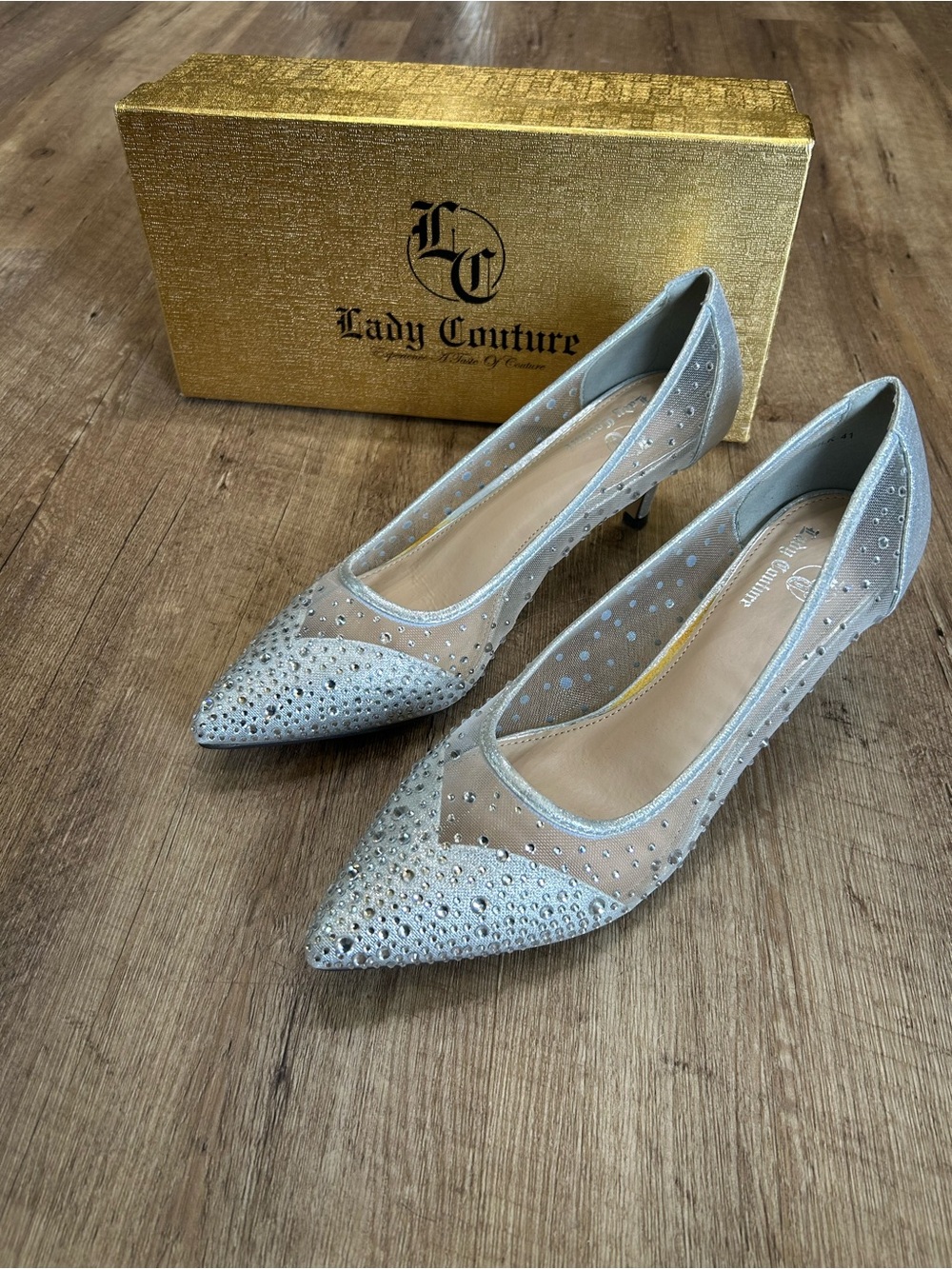 Lady Couture Silver Pointed Toe Crystal Kitten Heels